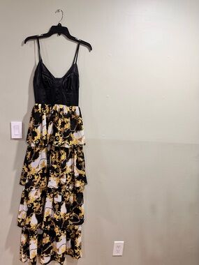 Black and Gold Tiered Maxi Dress with Baroque Print